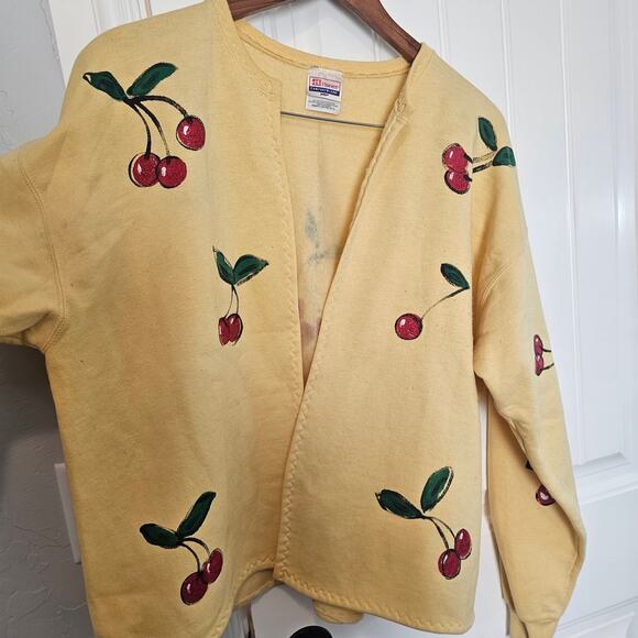 Vintage Cherry Cardigan Womens Large Yellow Red Handmade Granny Sweater Cottage - Picture 3 of 9